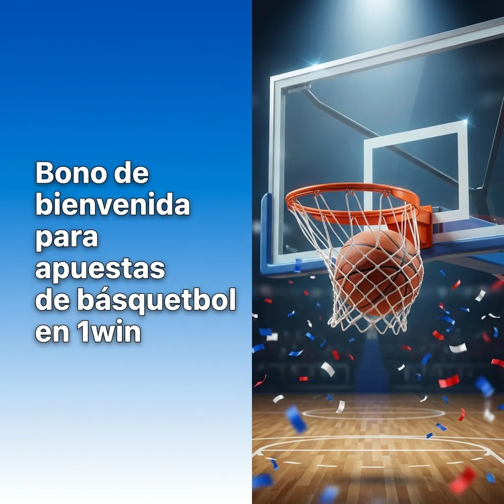 Banner de bono de bienvenida 1win para apuestas de básquetbol, con balón y texto promocional sobre depósito inicial