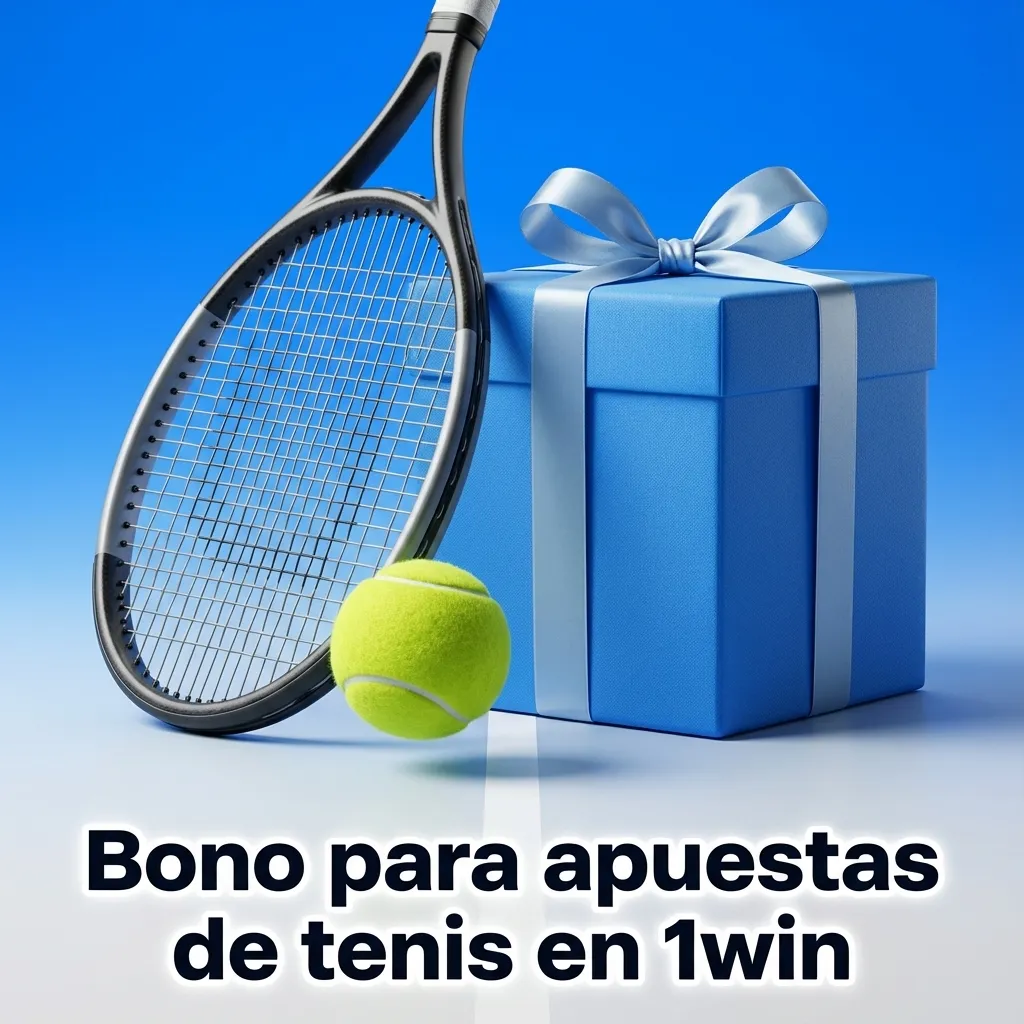 Banner de bono de bienvenida para apuestas de tenis en 1win, mostrando raquetas, pelotas y monto de depósito promocional